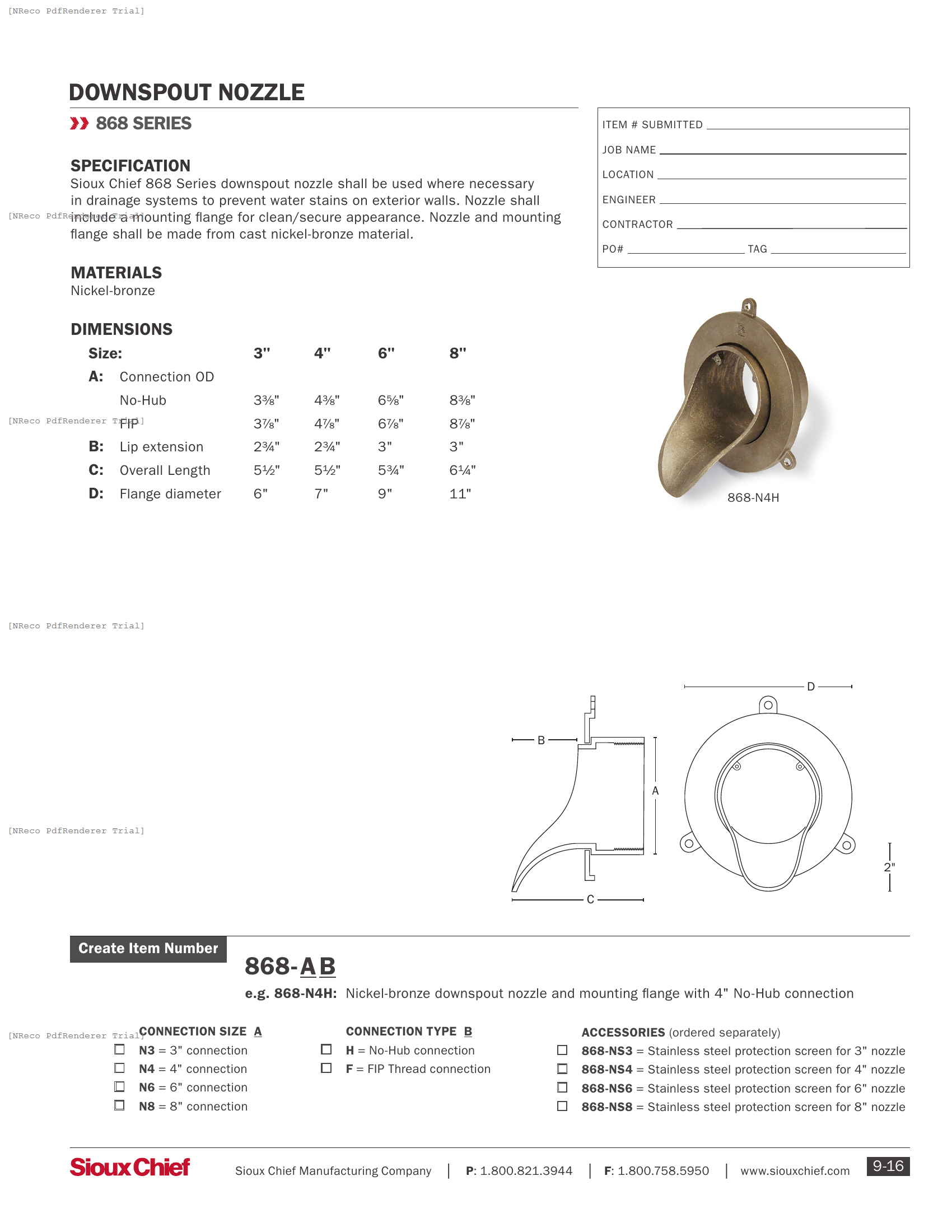 868 SERIES - DOWNSPOUT NOZZLE - SPEC SHEET.PDF Specification Document